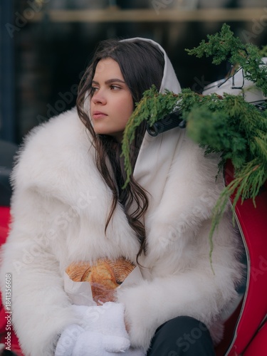 Close-Up Woman Profile Looking Away Festive Greenery Frame