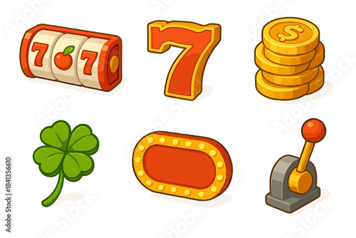 Colorful casino symbols with slot machine, coins, clover, and lever