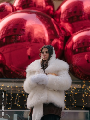 Stylish Woman in Winter Coat with Thoughtful Look against giant Red Christmas Balls