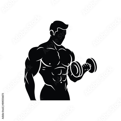 Muscular man lifting dumbbell in gym