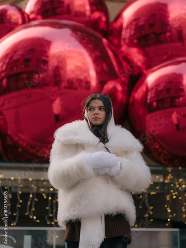 Stylish Woman in Winter Coat with Thoughtful Look against giant Red Christmas Balls
