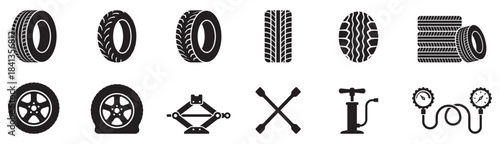 Collection of car tire icon set. Car wheel silhouette. Car tire tracks.  Tire tracks, rubber wheels. Vector Illustration.