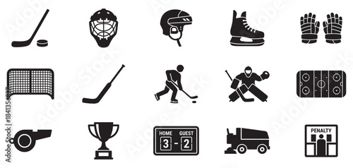 Hockey icon set. Solid, filled icon set of hockey team: hockey stick, helmet, field, puck, goal mask, ice rink, team bench, face-off. Vector Illustration 