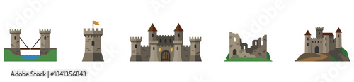 Collection of various medieval castles with towers, flags, and gates, featuring different designs for fantasy games or storybooks. Vector illustration. 