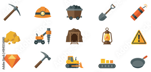 Mining icon set. Collection of mining symbols: tools and icons set. Mining icons representing various activities and equipment used in mineral extraction processes. Vector Illustration.