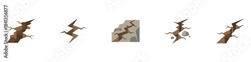 Ground cracks vector icon set. Ground crack or fissure, breaks on land surface, crevices disaster or drought, fractures top view, crack pattern background, broken, wall, glass concrete cracked. EPS 10