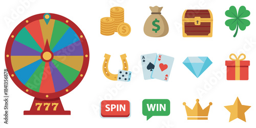 Roulette fortune spinning wheels flat icons casino money games or lucky vector elements. Wheel of fortune Icon. Vector Illustration. Vector Graphic. EPS 10