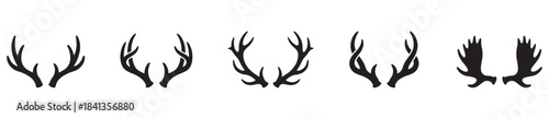 Deer horns icon set. Animal horn silhouette. Deer horn logo for wildlife, hunting. Horn shapes collection. Vector Illustration
