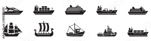 Ship and boat icon set. Water transport symbol. Vessels for travel and transportation. Vector Illustration. EPS 10
