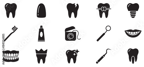 Dentistry icon set. Vector pictograms of teeth, braces, dental implant, drill, toothbrush, mouthwash, and dental chair. Vector Illustration. 