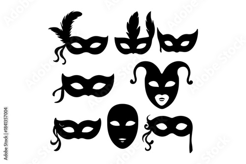 Set of diverse ornate black silhouette carnival masks, perfect for masquerade balls, costume parties, or festive celebrations, capturing an air of mystery and elegance