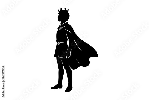 Black silhouette illustration of a majestic young prince wearing a crown and a flowing cape, symbolizing royalty, power, and historical fantasy themes on a clean white background