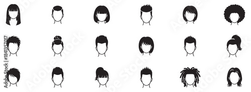 Male, female hairstyle icon set on head outline. Collection of black vector graphics for men's haircuts and avatar creation. Vector Illustration.