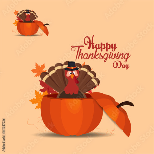 Adorable cartoon turkey wearing a pilgrim hat peeking out from a large orange pumpkin surrounded by autumn leaves wishing everyone a happy thanksgiving day celebration