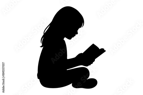 Vector silhouette of a young girl deeply engrossed in reading a book, symbolizing the joy of childhood learning, fostering imagination, and the quiet pursuit of knowledge and intellectual development