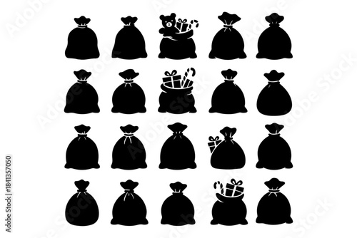 A festive collection of assorted Christmas gift bags and holiday sacks, featuring various silhouettes filled with presents, perfect for seasonal celebrations and surprise deliveries