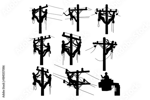 Silhouettes of Utility Workers Performing Tasks on Power Poles