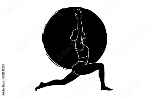 Dynamic silhouette of a woman practicing a high lunge yoga pose, embodying strength, balance, and mindful movement for wellness and fitness concepts
