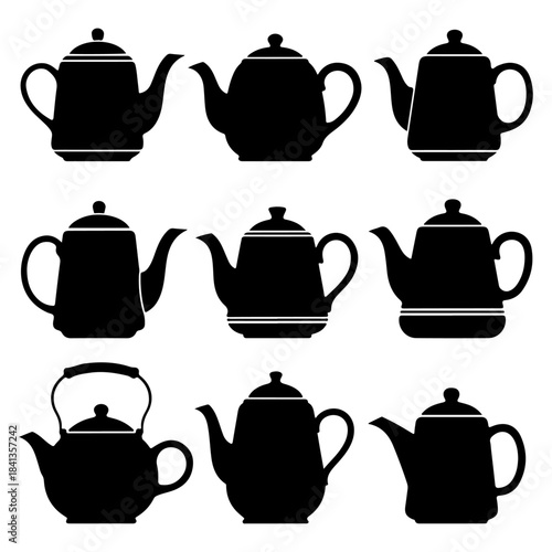 An expansive collection of nine distinct teapot and kettle vector silhouettes, embodying diverse styles for beverage service, kitchenware design, and elegant graphic applications in culinary contexts