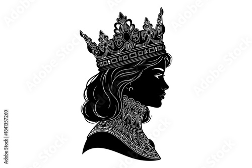 Majestic Queen Silhouette with Intricate Crown, Emblem of Royalty and Power