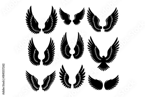A captivating collection of stylized black wing illustrations, ideal for symbolic graphic design projects related to freedom, flight, and aspiration