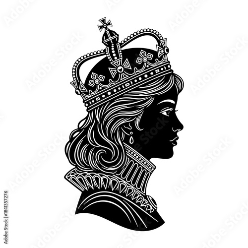 Majestic monochrome profile of a queen's silhouette, symbolizing enduring power, noble heritage, and timeless elegance