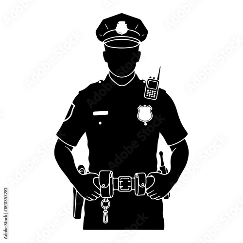 Professional silhouette of a law enforcement officer standing ready, an iconic symbol representing vigilance, public safety, and dedicated community service