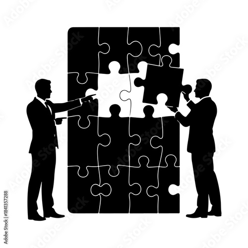 Two businessmen in silhouette are fitting puzzle pieces together, symbolizing teamwork and problem-solving in business