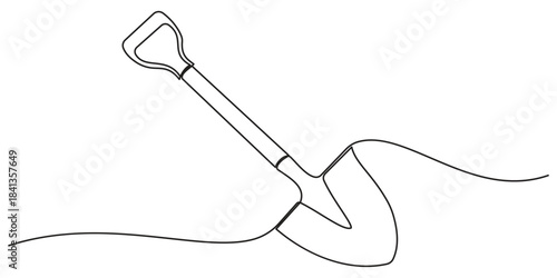 Shovel, dig, construction, cleaning one line art. Continuous line drawing of repair, professional, hand, people, concept, support, maintenance, Line Art Spade Tool Illustration. Scoop Sketch.