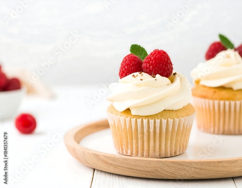 Two vanilla cupcakes topped with whipped cream, raspberries, and mint leaves on a wooden tray