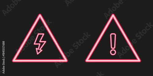 Neon warning icons with triangle frames featuring electric hazard and alert symbols on a dark background.