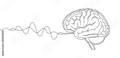 Outline of a human brain connected to a brainwave or signal line, concept of thought, intelligence, or neurology