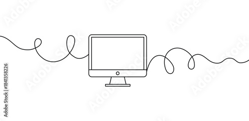 Minimalist continuous line drawing of a desktop computer monitor with a whimsical, looping cable or connection line extending from both sides