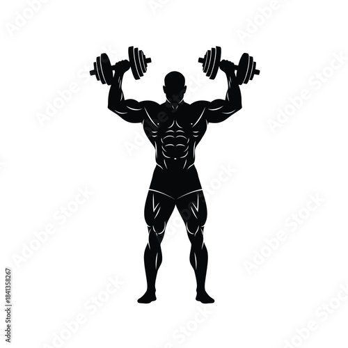 Muscular man lifting dumbbells up high