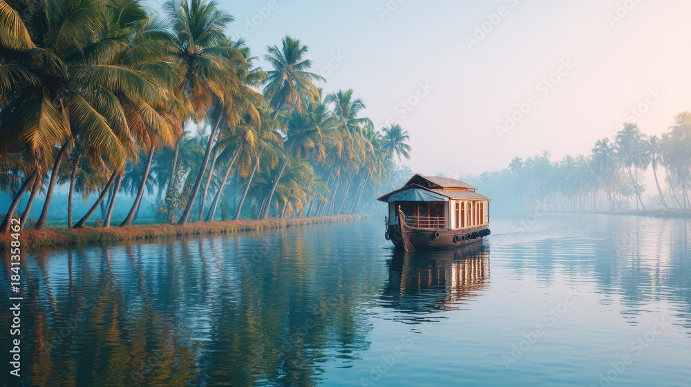 Fototapeta premium Traditional kerala houseboat cruises calm backwater river with lush green palm trees on the bank. Beautiful Indian travel destination background.