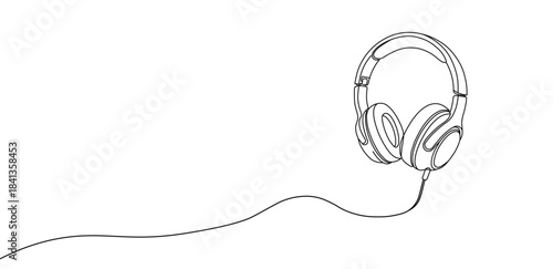 Minimalist continuous line drawing of headphones with cord, simple black and sketch icon for music and audio