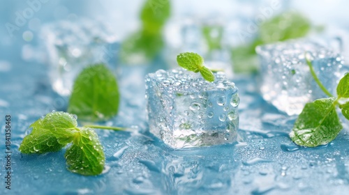 Closeup of ice cube with mint leaf and water drop background. Cooling refreshment and freshness concept for summer drink.