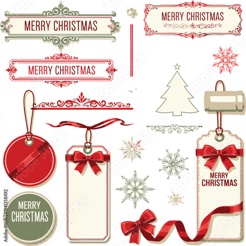 Christmas Labels and Decorative Tags — Festive Badges, Ribbons, Frames, Snowflakes, and Ornaments for Holiday Packaging, Greeting Cards, and Seasonal Design Projects