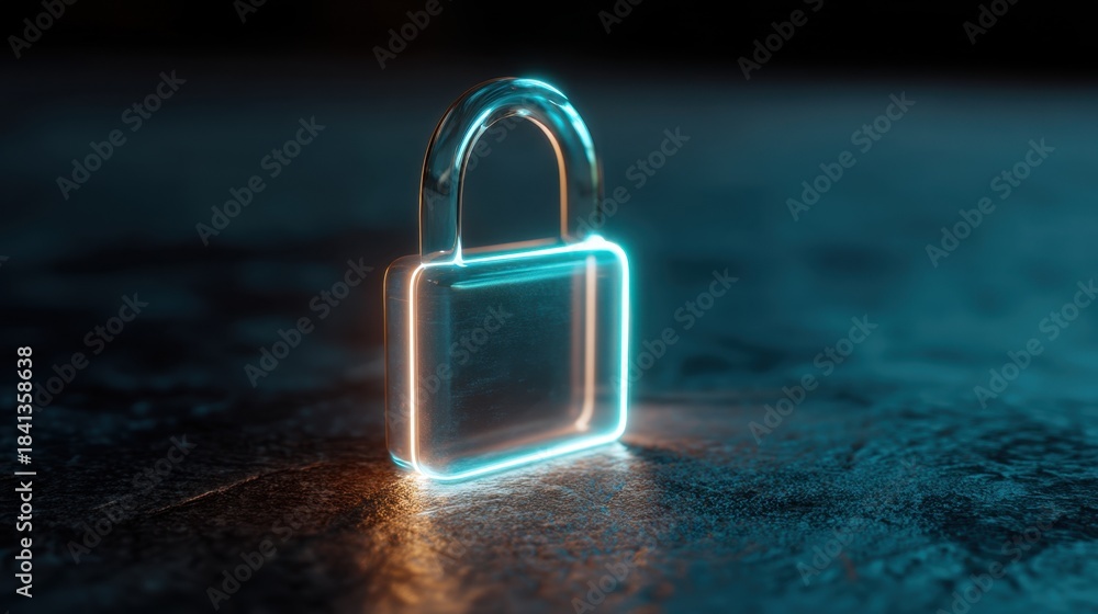 Fototapeta premium Glowing padlock symbol on dark background. Digital cybersecurity for data protection. Internet security and privacy concept with neon light effect.