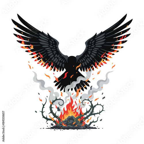 black wings turning torns to ashes, white background