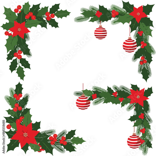 Four Christmas corner decorations featuring poinsettias, holly, berries, pine needles, and striped ornaments.