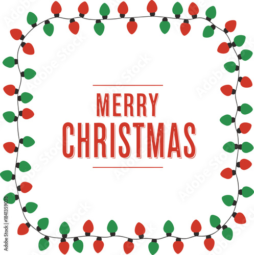 A square frame of red and green Christmas lights surrounds the words "MERRY CHRISTMAS" in a distressed font.