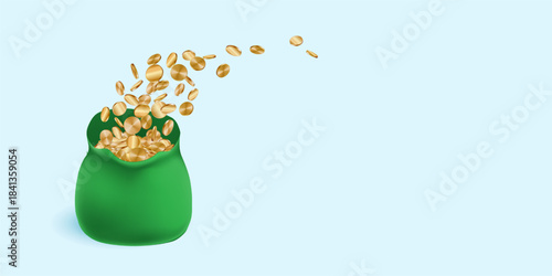 3d money bag full of coins, open sack with gold floating. Million dollar cash casino prize, invest budget concept. Realistic reward bonus, finance value render. Bank bill bonus, treasure investment