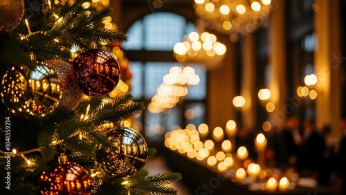 Close-up of a decorated Christmas tree with blurred background of a brightly lit room with people sitting at tables.
