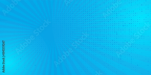 Comic background. Pop art texture. Starburst cartoon style. Anime design with explosion effect for print. Fun dot pattern. Blue backdrop with halftone gradient.