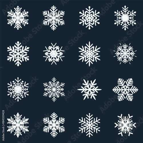 A collection of sixteen detailed, realistic white snowflakes on a dark blue background.