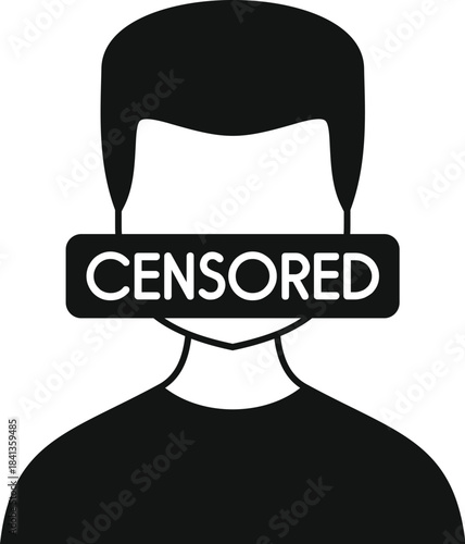 Black and white icon of censorship, showing a person with a censored sign covering their face, symbolizing restrictions on freedom of speech