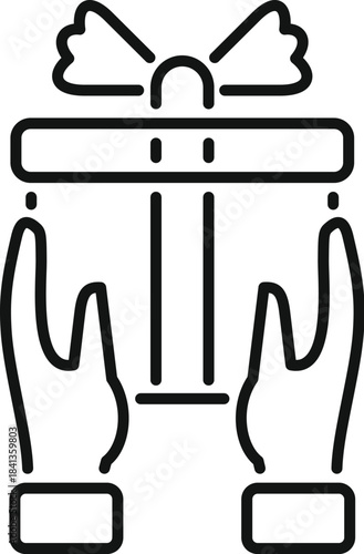 Gift box with ribbon and bow being held by two hands, representing giving and receiving presents