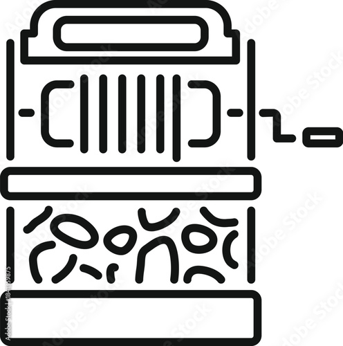 Mechanical grater is slicing vegetables, which are falling into container, simple black and white icon of kitchen utensil