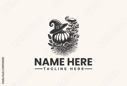 Black and white vector illustration of a whimsical witch hat on a cauldron with swirling smoke and foliage, set against a clean white background for a logo or branding template.